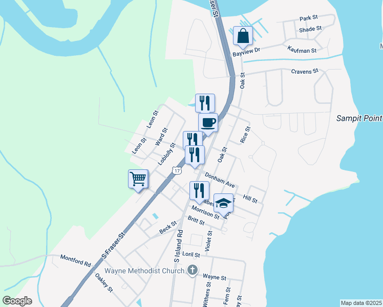 map of restaurants, bars, coffee shops, grocery stores, and more near U.S. 17 in Georgetown