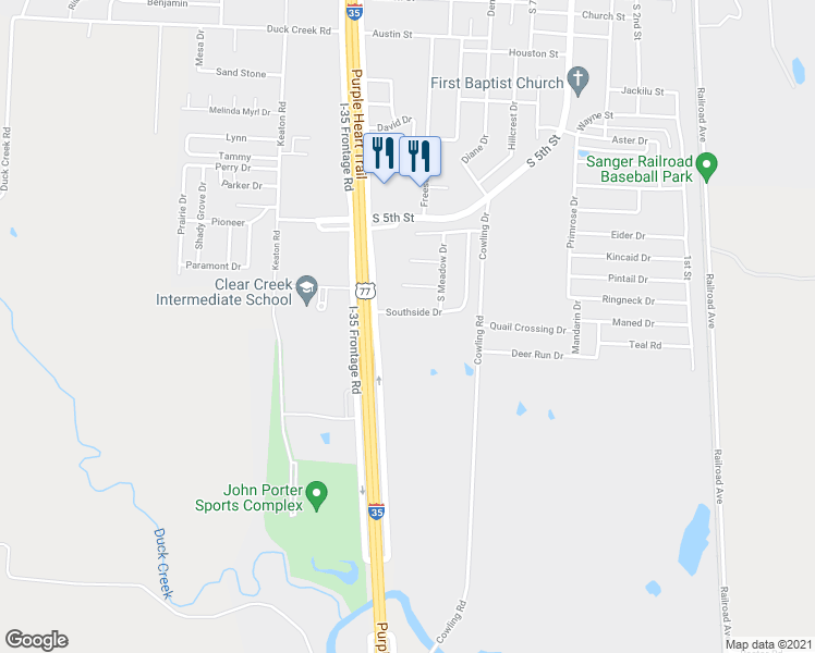 map of restaurants, bars, coffee shops, grocery stores, and more near 2000 South Stemmons Street in Sanger
