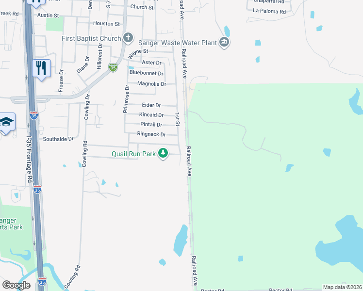 map of restaurants, bars, coffee shops, grocery stores, and more near 1400 1st Street in Sanger