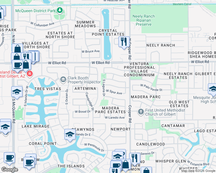 map of restaurants, bars, coffee shops, grocery stores, and more near 902 West Spur Avenue in Gilbert