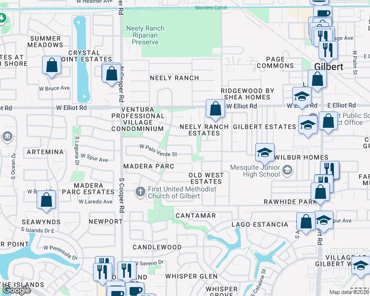 map of restaurants, bars, coffee shops, grocery stores, and more near 502 West Palo Verde Street in Gilbert