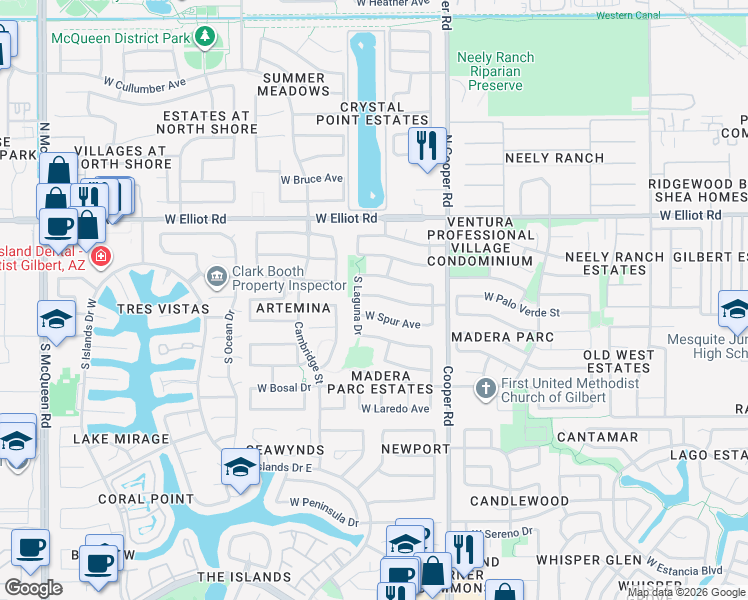 map of restaurants, bars, coffee shops, grocery stores, and more near 902 West Spur Avenue in Gilbert