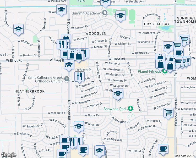 map of restaurants, bars, coffee shops, grocery stores, and more near 2802 North Pennington Drive in Chandler