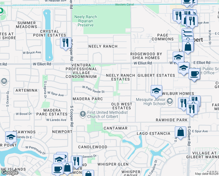 map of restaurants, bars, coffee shops, grocery stores, and more near 502 West Palo Verde Street in Gilbert