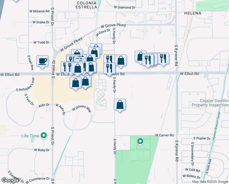map of restaurants, bars, coffee shops, grocery stores, and more near 7810 South Hardy Drive in Tempe
