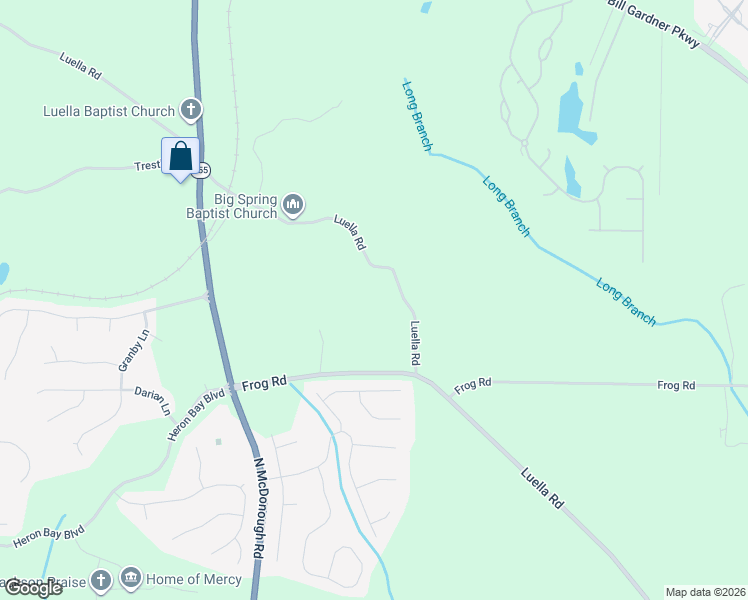 map of restaurants, bars, coffee shops, grocery stores, and more near 1360 Luella Road in Locust Grove