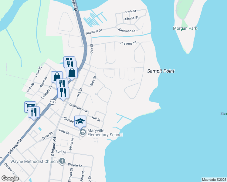 map of restaurants, bars, coffee shops, grocery stores, and more near 149 Oak Bay Drive in Georgetown