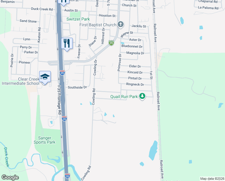 map of restaurants, bars, coffee shops, grocery stores, and more near 311 Quail Crossing Drive in Sanger
