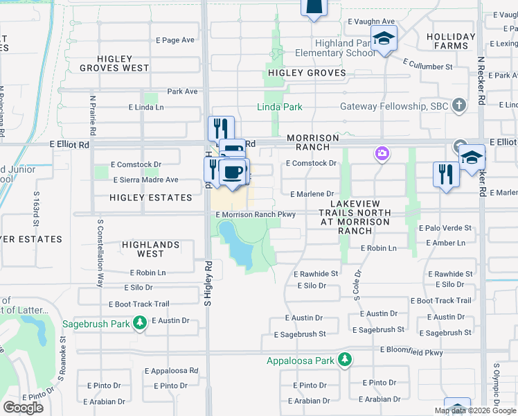 map of restaurants, bars, coffee shops, grocery stores, and more near 3333 East Morrison Ranch Parkway in Gilbert