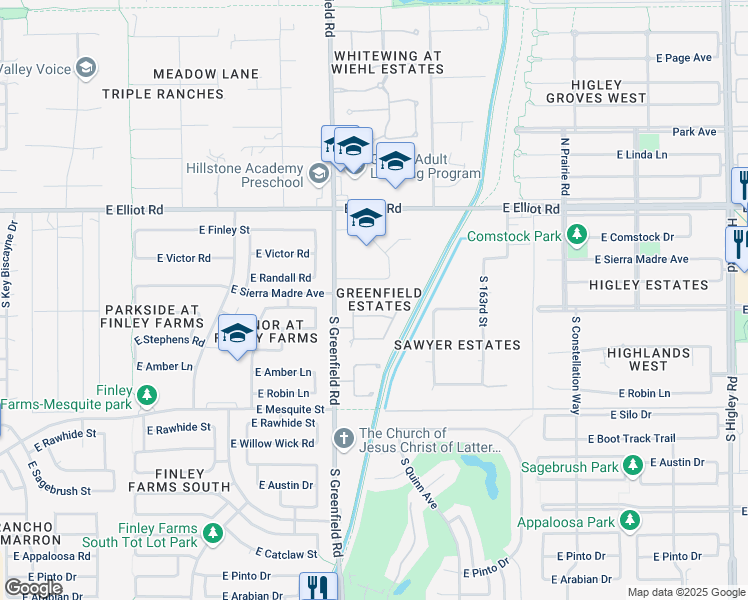 map of restaurants, bars, coffee shops, grocery stores, and more near 2488 East Marlene Drive in Gilbert