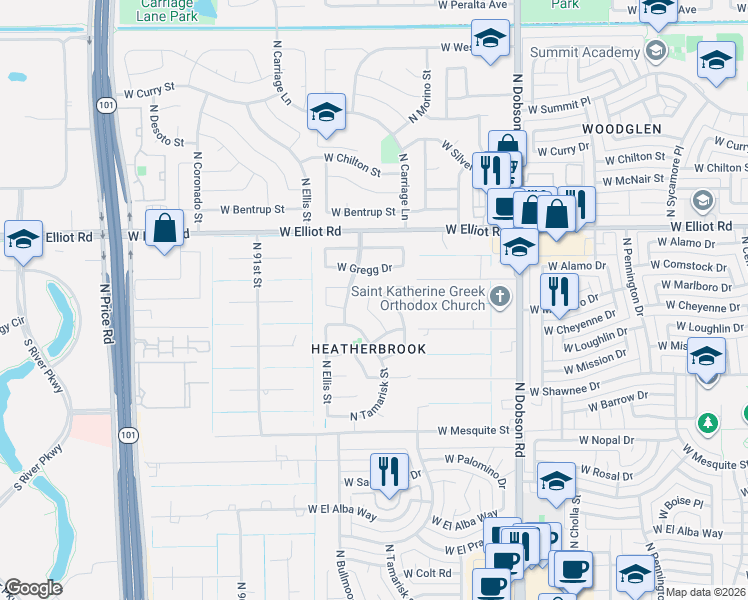 map of restaurants, bars, coffee shops, grocery stores, and more near 2676 North Carriage Lane in Chandler