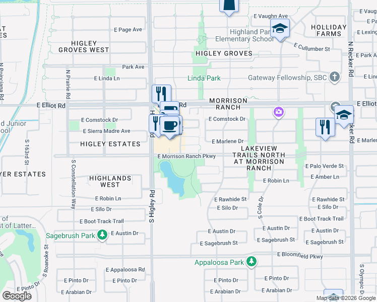 map of restaurants, bars, coffee shops, grocery stores, and more near 3333 East Morrison Ranch Parkway in Gilbert