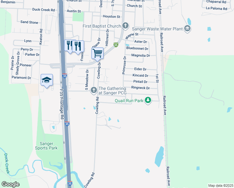map of restaurants, bars, coffee shops, grocery stores, and more near 311 Quail Crossing Drive in Sanger