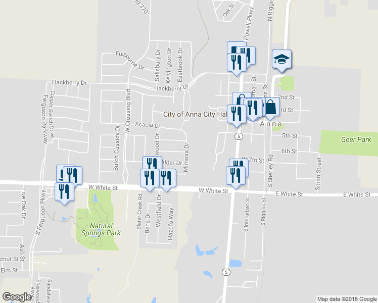 map of restaurants, bars, coffee shops, grocery stores, and more near 401 Mimosa Drive in Anna