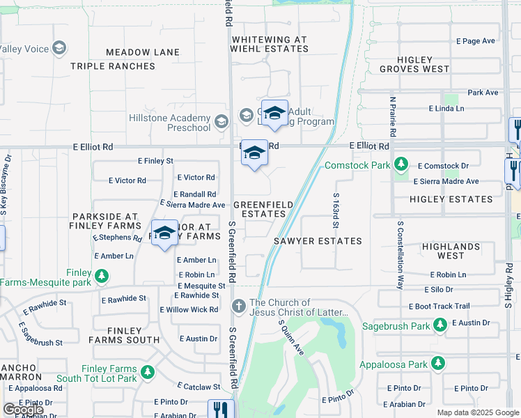 map of restaurants, bars, coffee shops, grocery stores, and more near 2488 East Marlene Drive in Gilbert