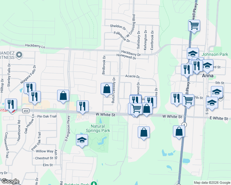 map of restaurants, bars, coffee shops, grocery stores, and more near 409 Butch Cassidy Drive in Anna