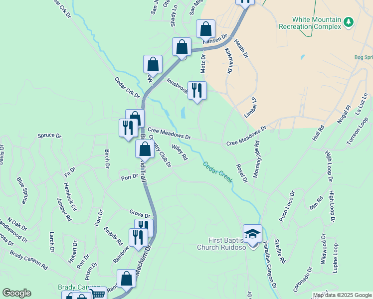 map of restaurants, bars, coffee shops, grocery stores, and more near 112 Wiley Road in Ruidoso