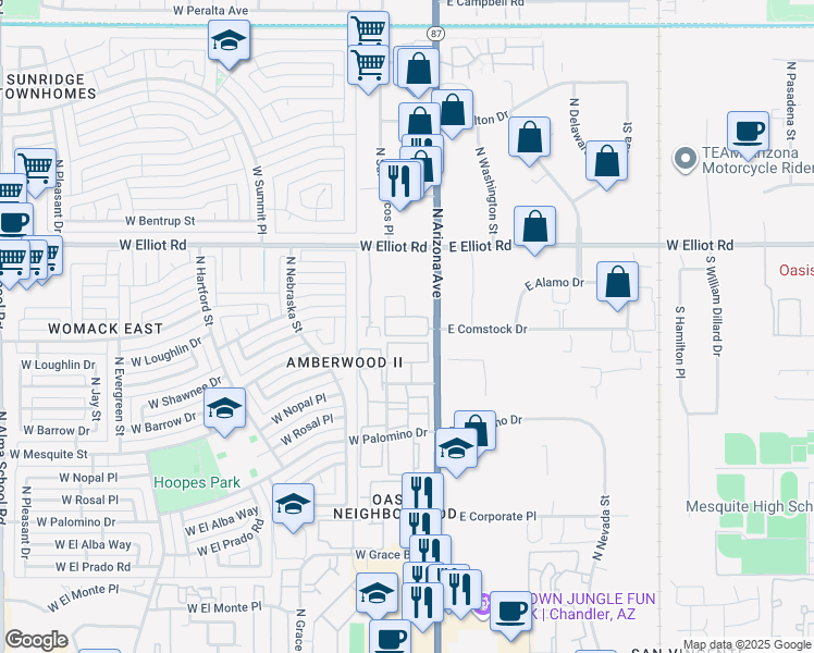 map of restaurants, bars, coffee shops, grocery stores, and more near 100 West Nopal Place in Chandler