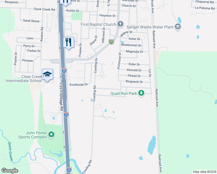 map of restaurants, bars, coffee shops, grocery stores, and more near 324 Quail Crossing Drive in Sanger
