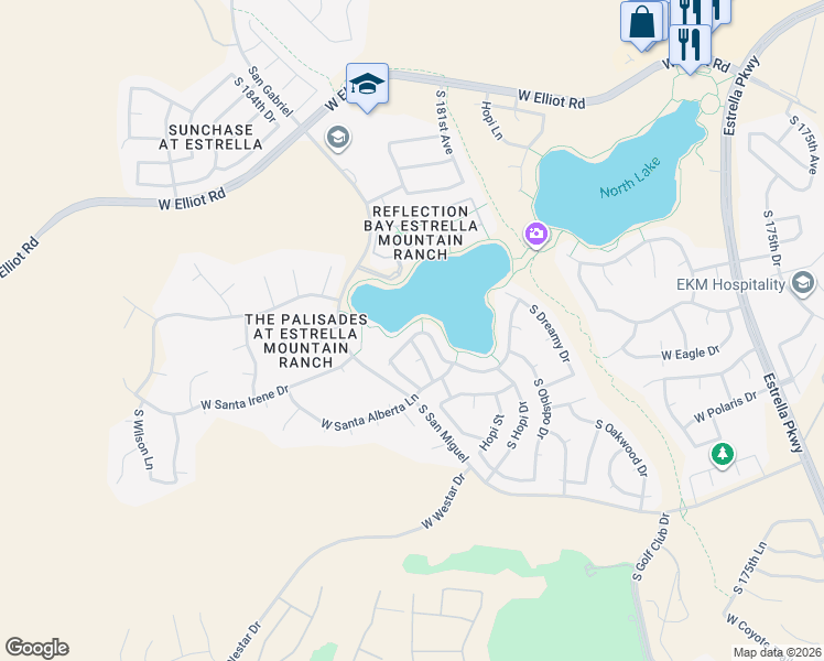 map of restaurants, bars, coffee shops, grocery stores, and more near 18123 West San Alejandro Drive in Goodyear