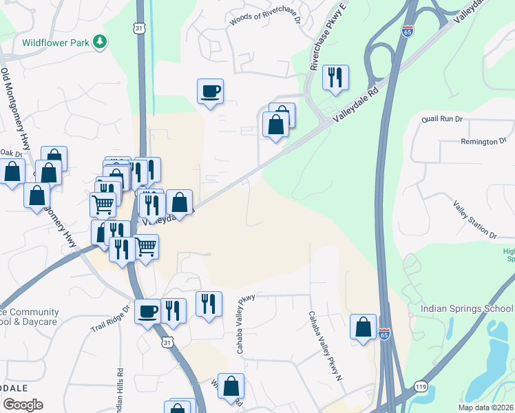 map of restaurants, bars, coffee shops, grocery stores, and more near 5001-5099 Beabout Drive in Pelham