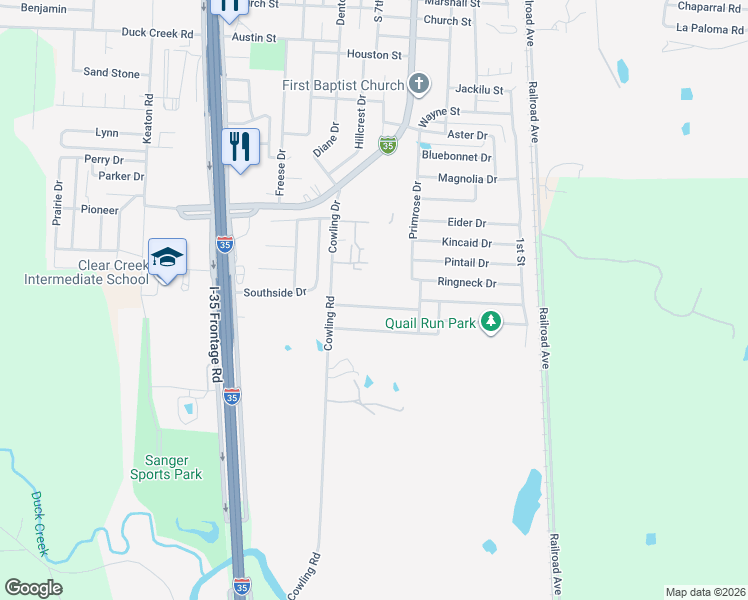 map of restaurants, bars, coffee shops, grocery stores, and more near 324 Quail Crossing Drive in Sanger