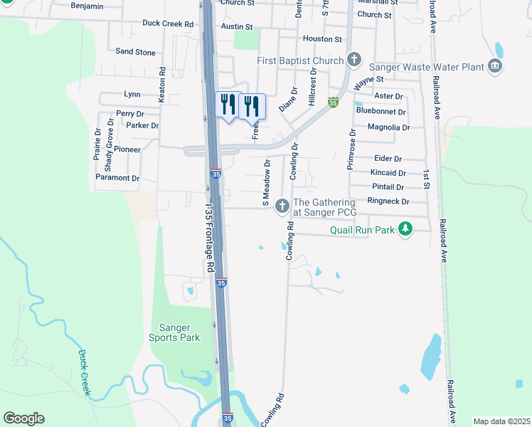 map of restaurants, bars, coffee shops, grocery stores, and more near 200 Southside Drive in Sanger