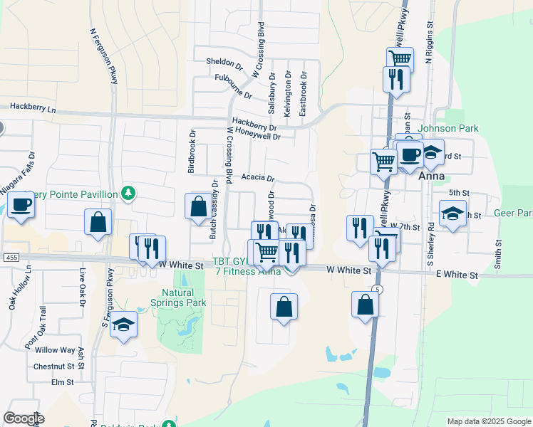 map of restaurants, bars, coffee shops, grocery stores, and more near 400 Dogwood Drive in Anna