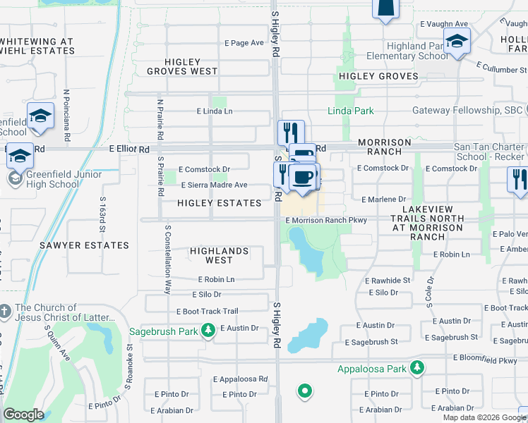 map of restaurants, bars, coffee shops, grocery stores, and more near 567 South Higley Road in Gilbert