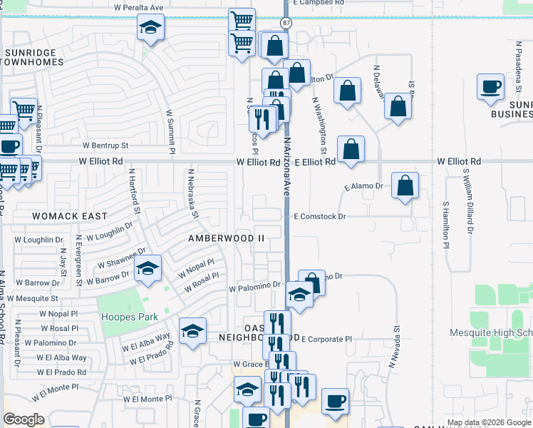 map of restaurants, bars, coffee shops, grocery stores, and more near 100 West Nopal Place in Chandler
