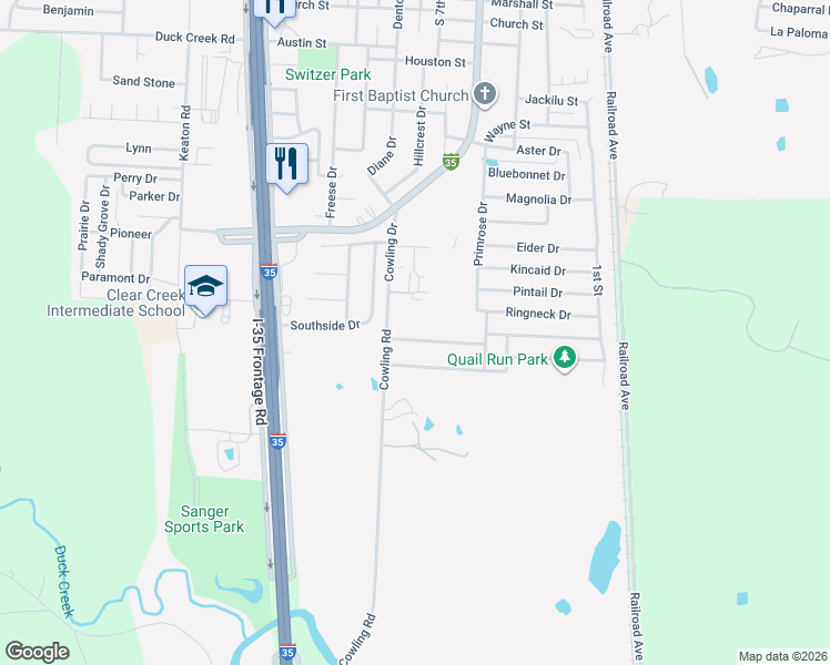map of restaurants, bars, coffee shops, grocery stores, and more near 324 Quail Crossing Drive in Sanger