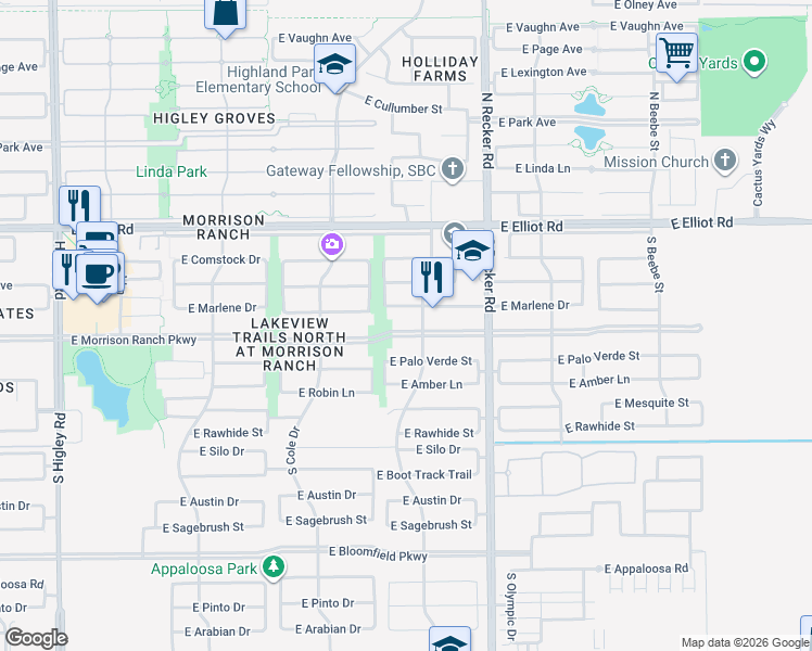 map of restaurants, bars, coffee shops, grocery stores, and more near 3829 East Morrison Ranch Parkway in Gilbert