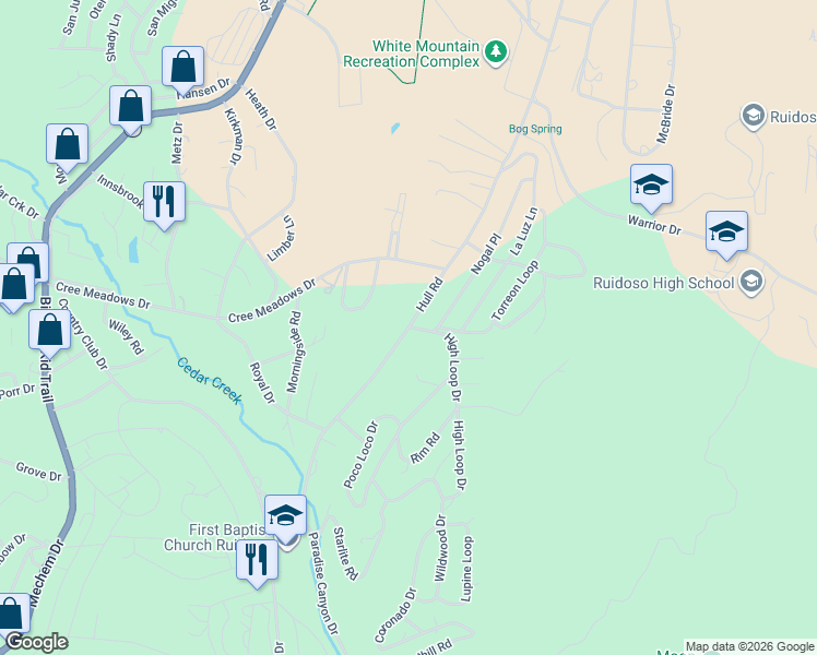 map of restaurants, bars, coffee shops, grocery stores, and more near 299 Hull Rd in Ruidoso
