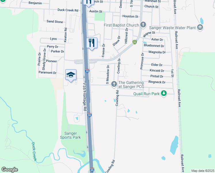 map of restaurants, bars, coffee shops, grocery stores, and more near 200 Southside Drive in Sanger