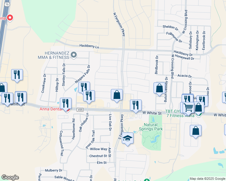 map of restaurants, bars, coffee shops, grocery stores, and more near 1520 Deerchase Drive in Anna