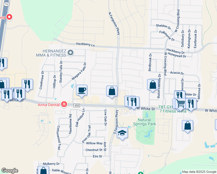 map of restaurants, bars, coffee shops, grocery stores, and more near 1520 Deerchase Drive in Anna