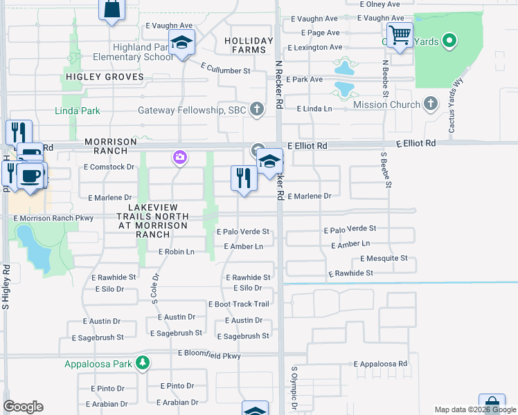 map of restaurants, bars, coffee shops, grocery stores, and more near 3969 East Morrison Ranch Parkway in Gilbert
