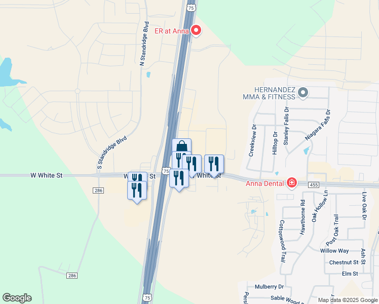 map of restaurants, bars, coffee shops, grocery stores, and more near 621 S Central Expy in Anna