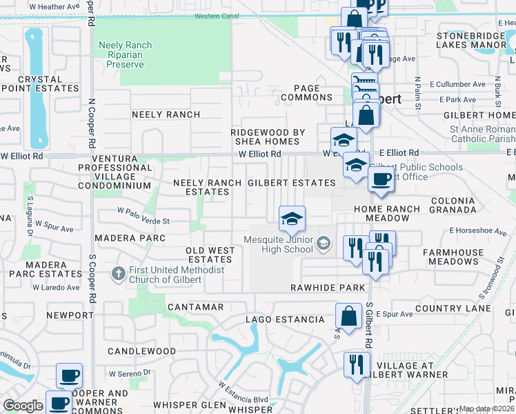 map of restaurants, bars, coffee shops, grocery stores, and more near 315 West Palo Verde Street in Gilbert