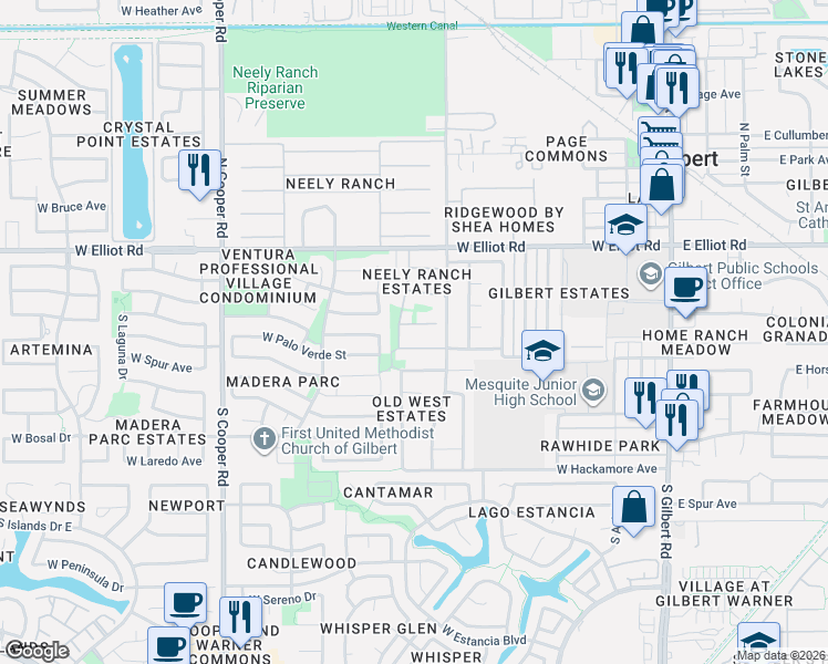 map of restaurants, bars, coffee shops, grocery stores, and more near 463 West Palo Verde Street in Gilbert