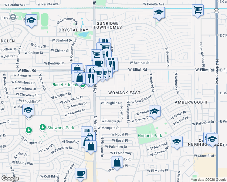 map of restaurants, bars, coffee shops, grocery stores, and more near 905 West Cheyenne Drive in Chandler