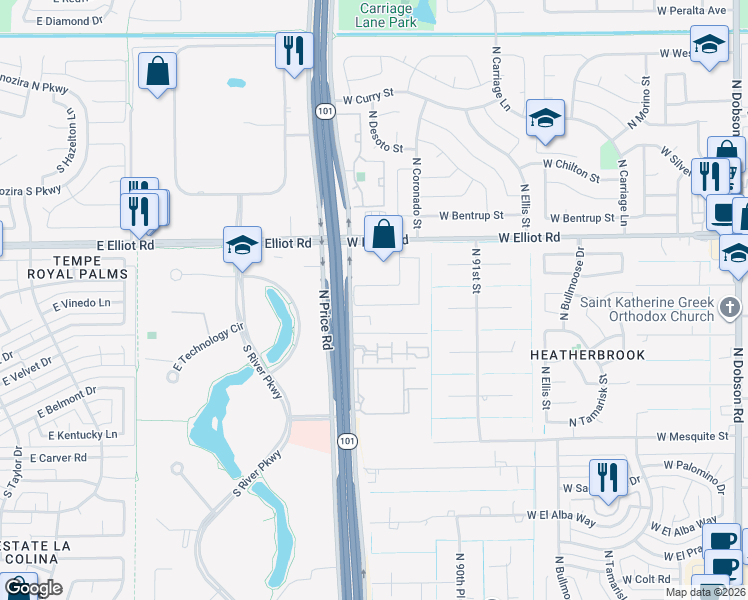 map of restaurants, bars, coffee shops, grocery stores, and more near 2981 West Marlboro Drive in Chandler