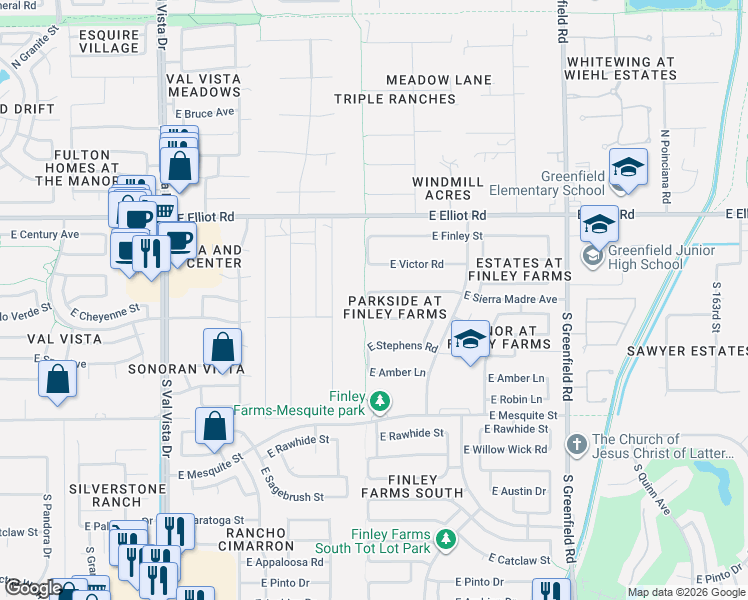 map of restaurants, bars, coffee shops, grocery stores, and more near 2007 East Marlene Drive in Gilbert