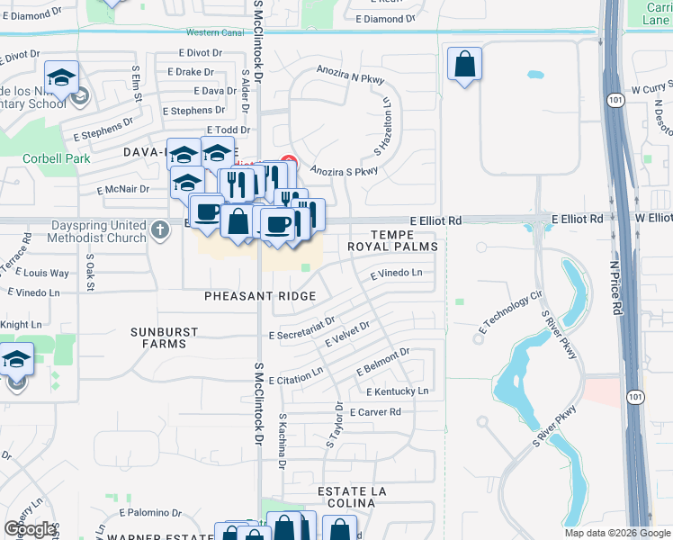 map of restaurants, bars, coffee shops, grocery stores, and more near 1864 East Vinedo Lane in Tempe