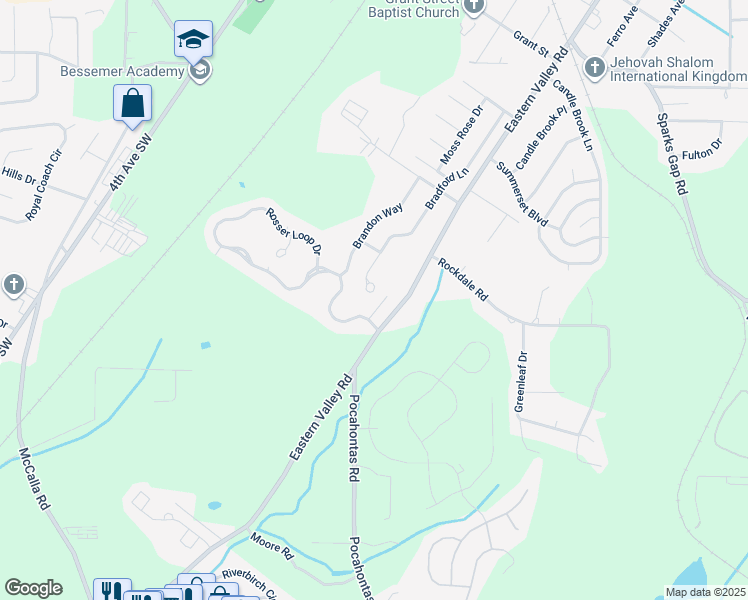 map of restaurants, bars, coffee shops, grocery stores, and more near 1806 Bradford Lane in Bessemer