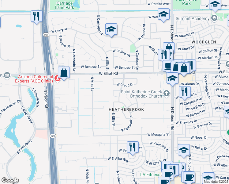 map of restaurants, bars, coffee shops, grocery stores, and more near 2936 North Ellis Street in Chandler