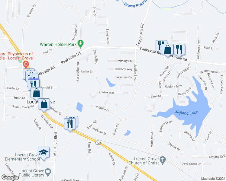 map of restaurants, bars, coffee shops, grocery stores, and more near 448 Louise Way in Locust Grove
