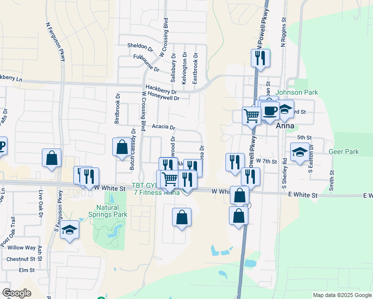 map of restaurants, bars, coffee shops, grocery stores, and more near 720 Mahogany Drive in Anna