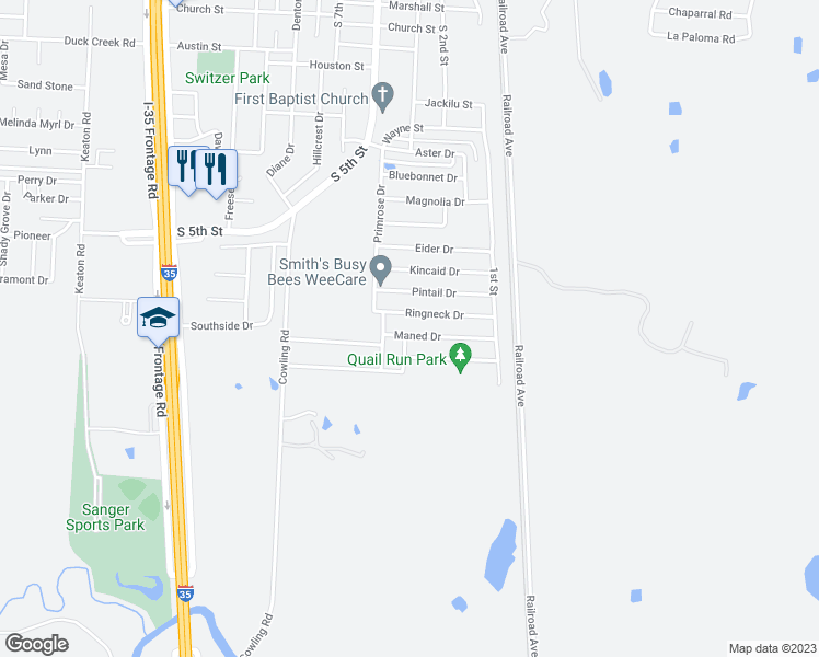 map of restaurants, bars, coffee shops, grocery stores, and more near 133 Maned Drive in Sanger