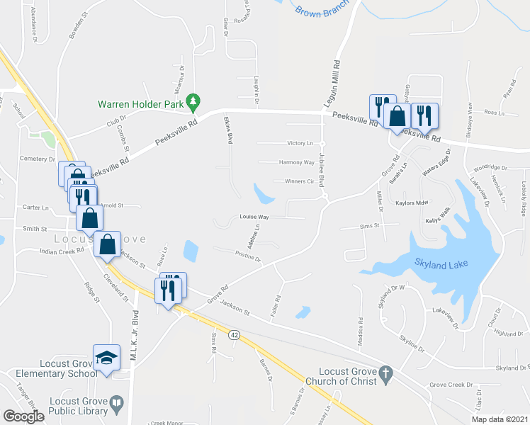 map of restaurants, bars, coffee shops, grocery stores, and more near 450 Louise Way in Locust Grove
